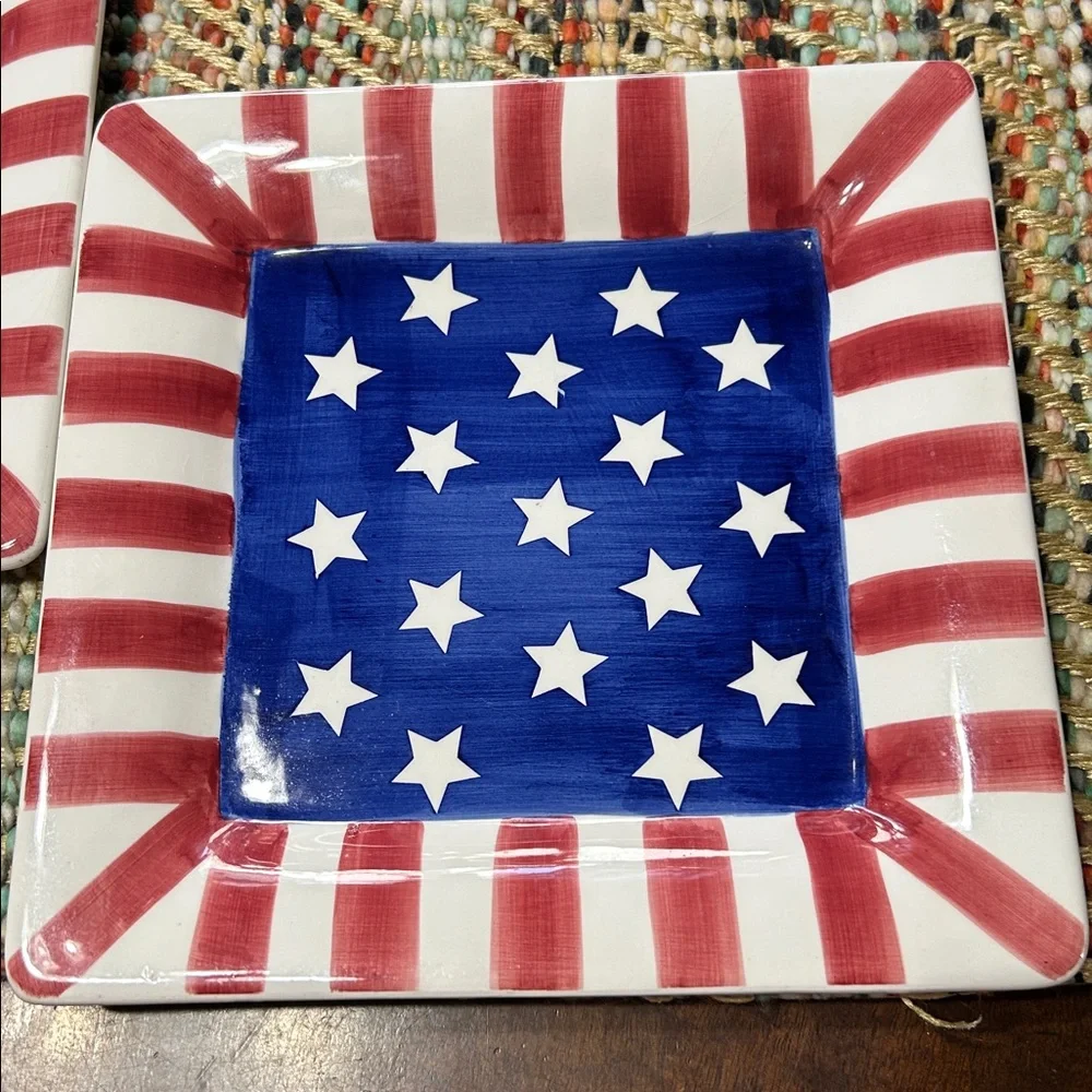 World Bazaars Inc Ceramic Hand Painted Red White Blue Plates Two Piece Bundle